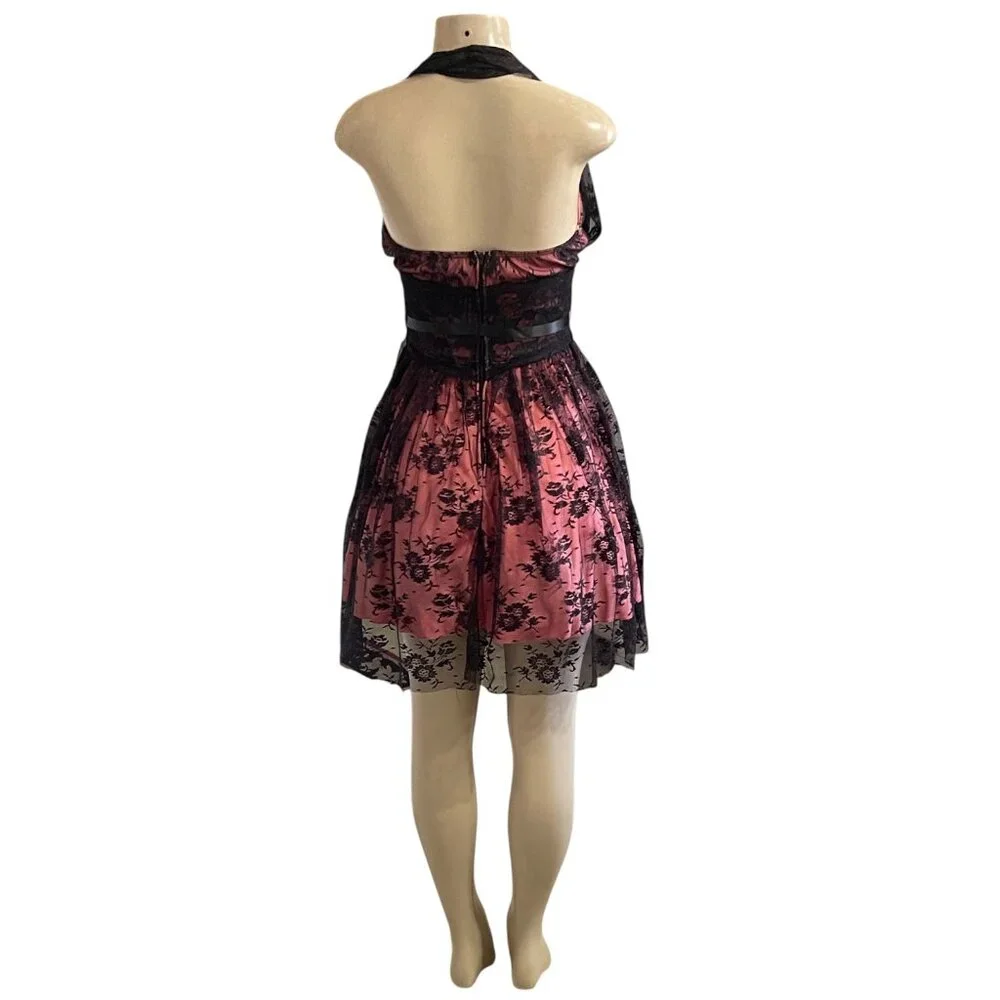 Backless Lace Overlay Halter Mini Dress | Ribbon Tie Waist | Size S | Pink - Picture 5 of 7